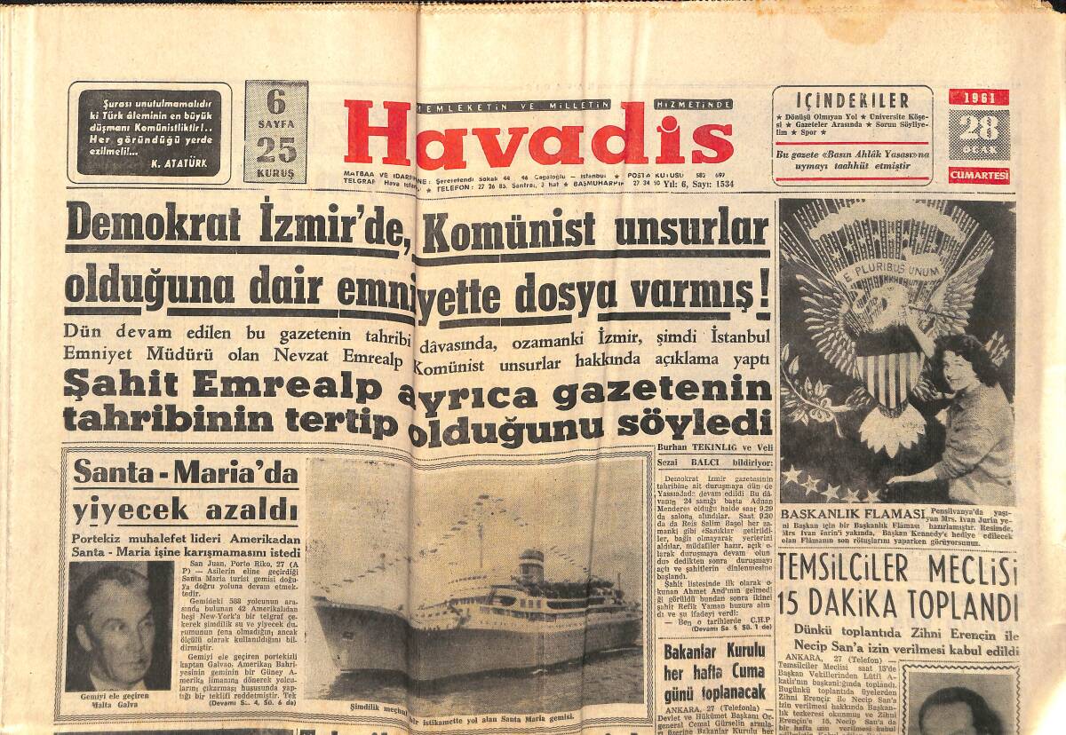 Havadis Gazetesi 28 Ocak 1961 - Kadınlar Jeff Chandler'e O İse Kennedy'e Hayran - Kraliçe Elizabeth Hindistan'da GZ147180 - 1