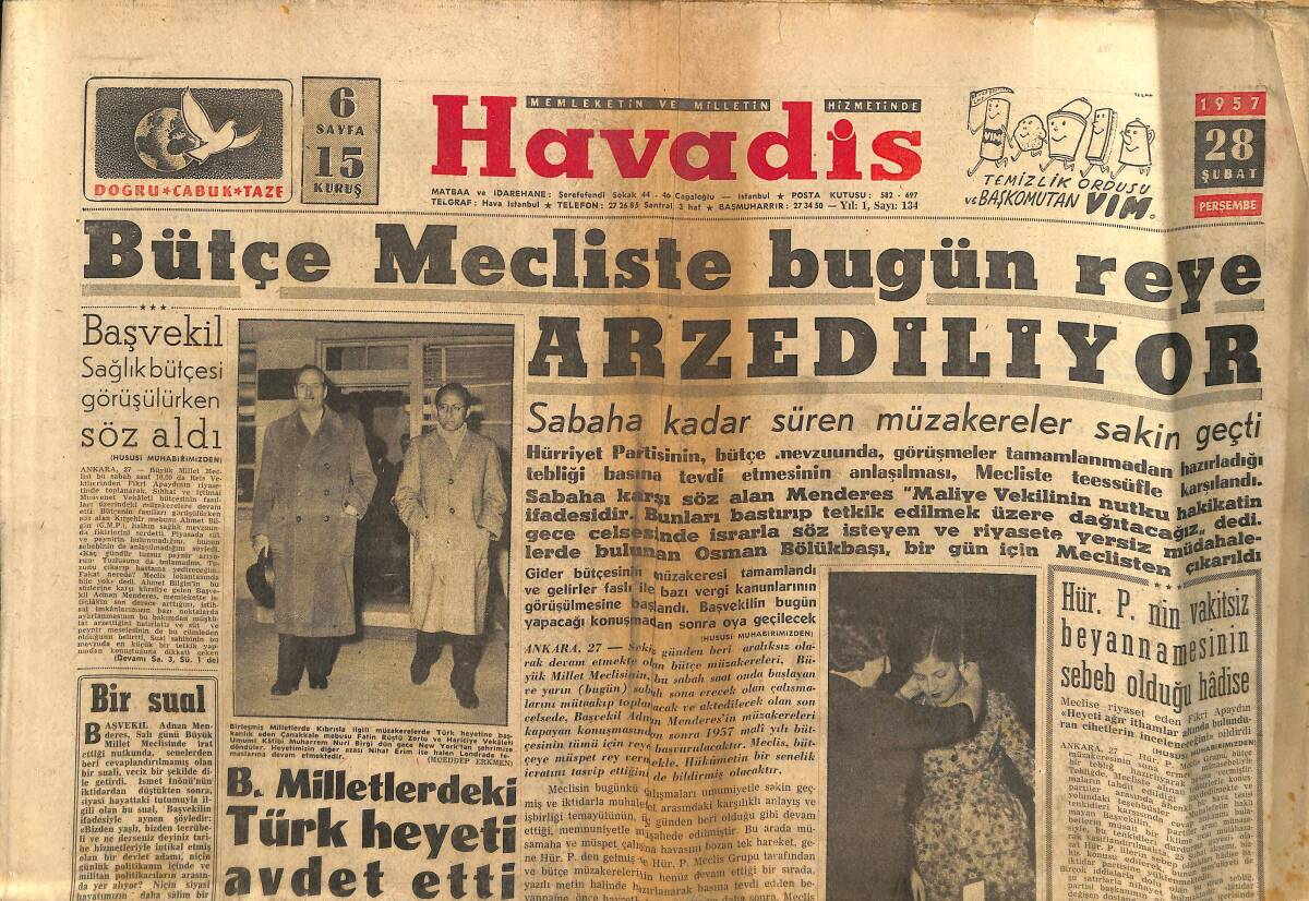Havadis Gazetesi 28 Şubat 1957 - Prenses Ferial Evleniyor - 96 Santim Göğüs Çevresi Olan Sophia Loren GZ149285 - 1