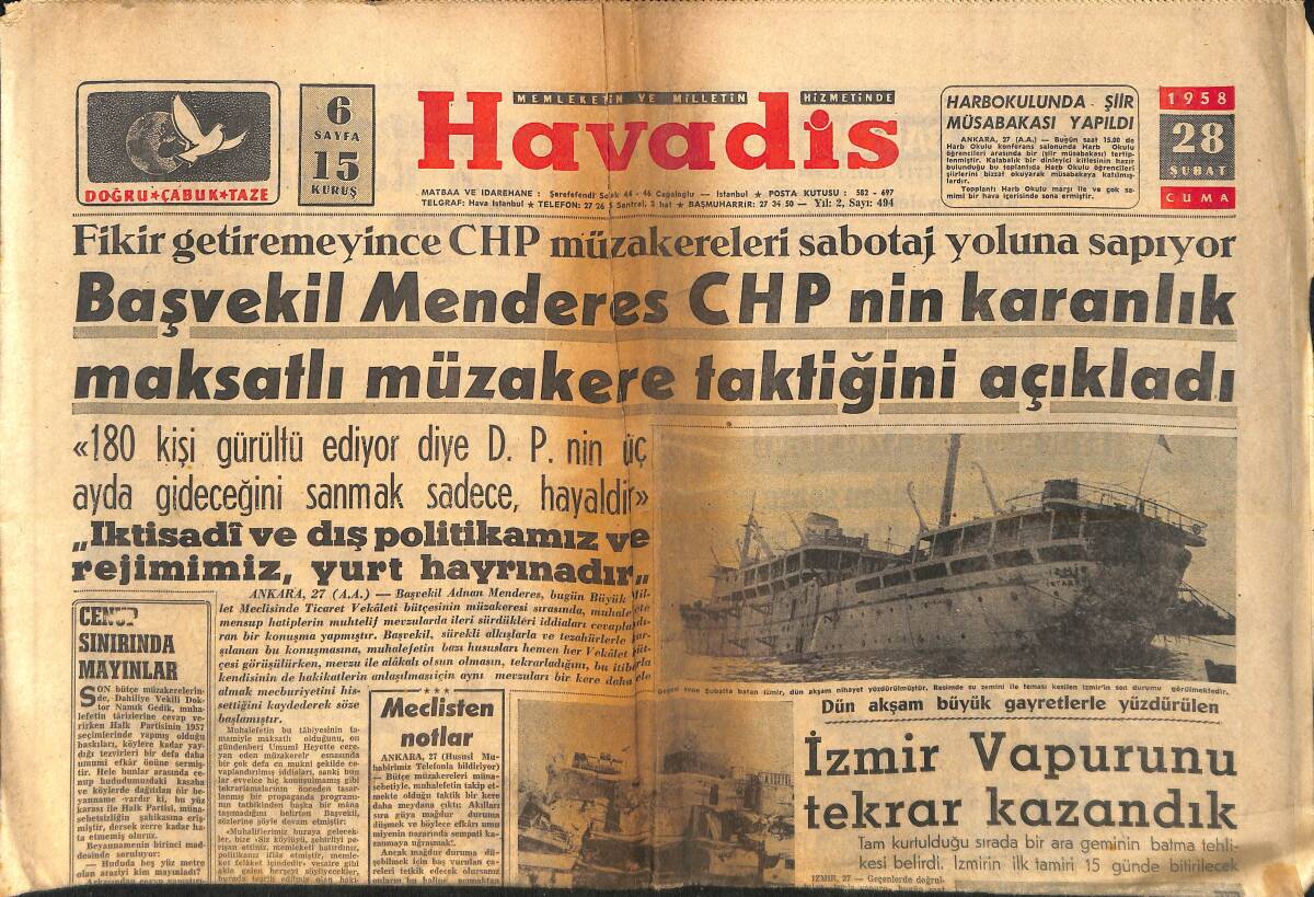 Havadis Gazetesi 28 Şubat 1958 - Başvekil Menderes, CHP'nin Karanlık Maksatlı Müzakere Taktiğini Açıkladı - Türkiye'de Telefon Sanayii Kuruluyor GZ159102 - 1