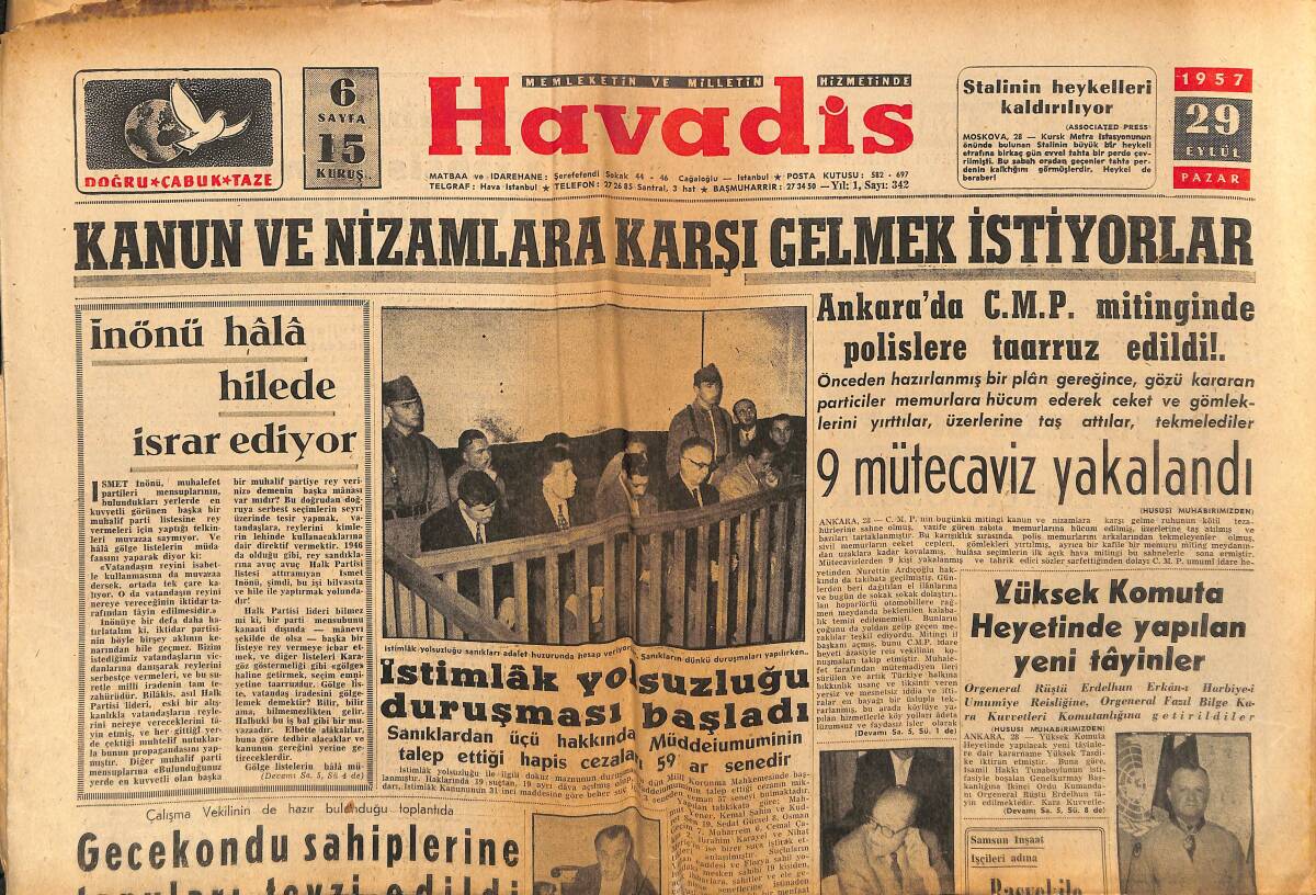 Havadis Gazetesi 29 Eylül 1957 - Roma Güzeli Marcella Otomobil Kazasında Öldü - Sophia Loren Oscar Mükafatını Kazanacak Mı GZ148626 - 1