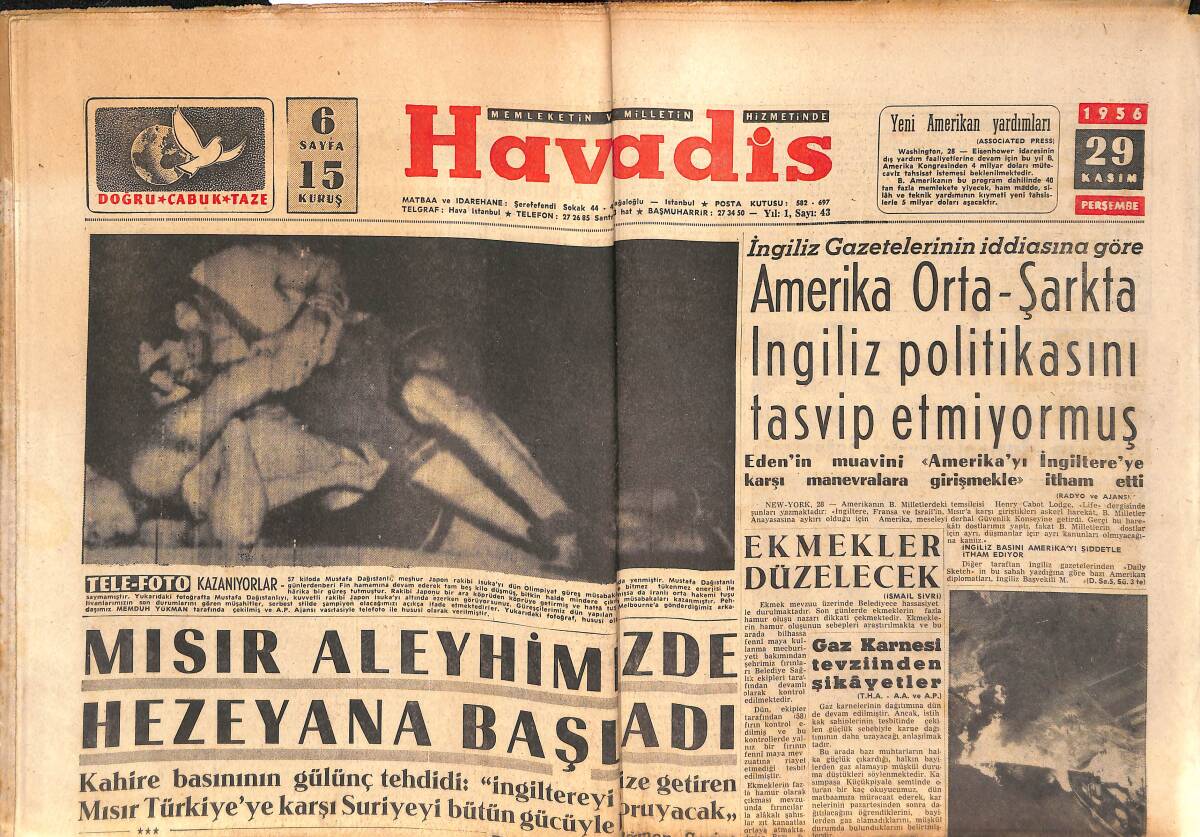 Havadis Gazetesi 29 Kasım 1956 - Mısır Aleyhimizde Hezeyana Başladı - Muammer Baykan Evlendi GZ147226 - 1