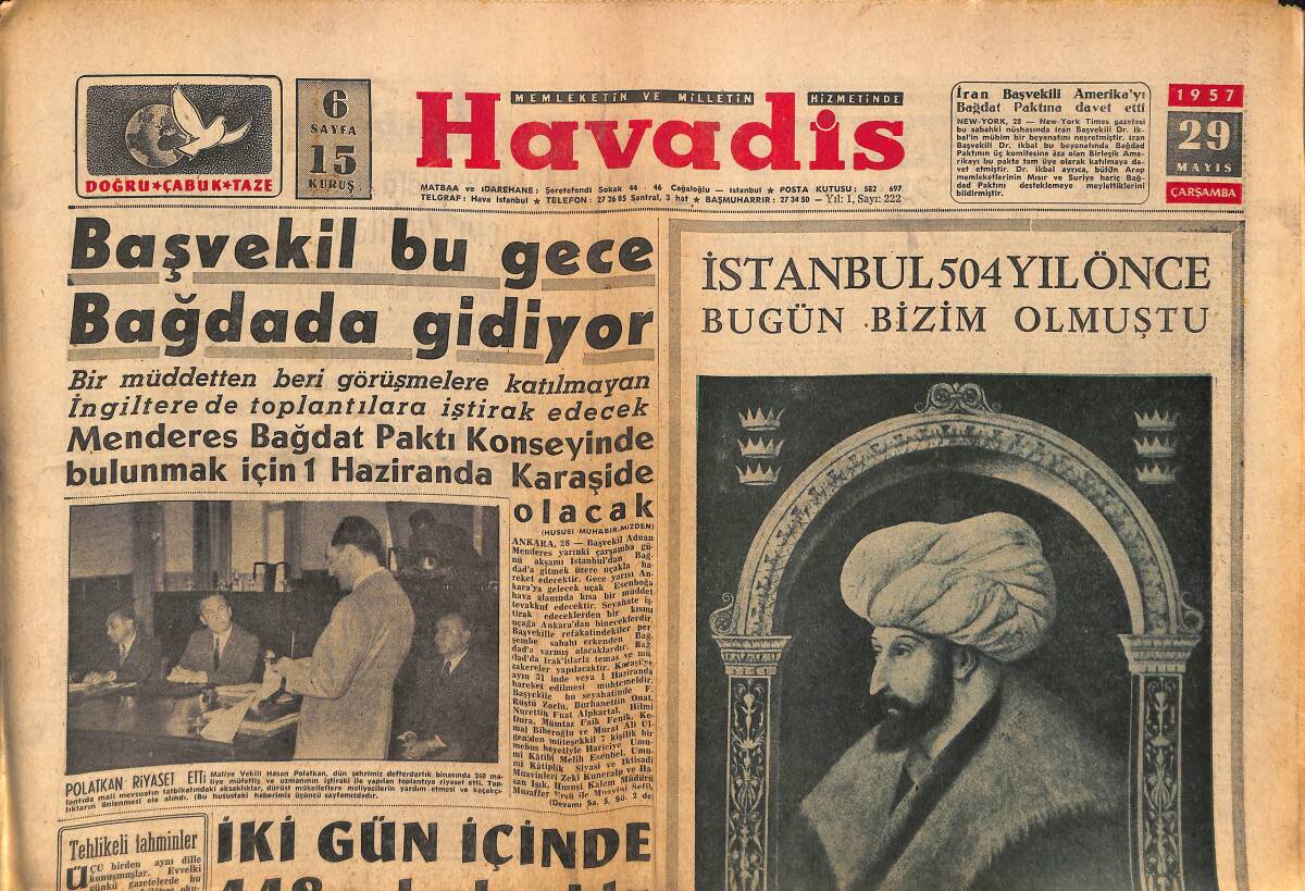 Havadis Gazetesi 29 Mayıs 1957 - Krupp , Volfram Madenini İşletecek - Başvekil Bu Gece Bağdada Gidiyor GZ149114 - 1