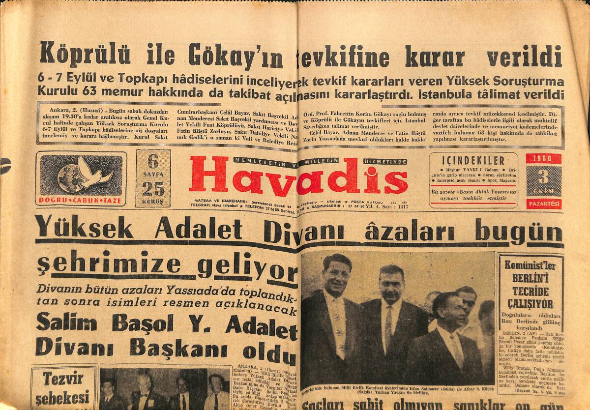 Havadis Gazetesi 3 Ekim 1960 - Brigitte Bardot'un Garip Macerası - John Kennedy'ye Sürpriz GZ148634 - 1