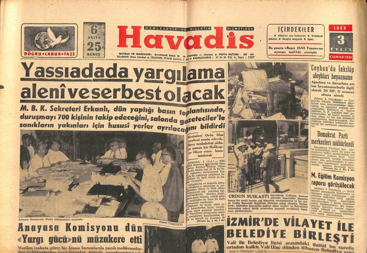 Havadis Gazetesi 3 Eylül 1960 - Brigitte Bardot Yalnızlıktan Korkuyor Mu ? - Demokrat Parti Merkezleri Mühürlendi GZ147064 - 1