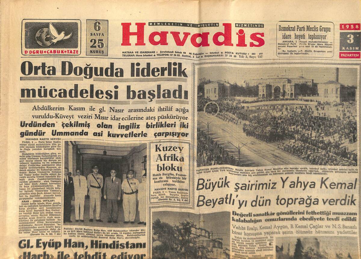 Havadis Gazetesi 3 Kasım 1958 - Büyük Şairimiz Yahya Kemal Beyatlı'yı Dün Toprağa Verdik - Verem Savaşı Kanunu Lahiyası Hazırlandı GZ149137 - 1