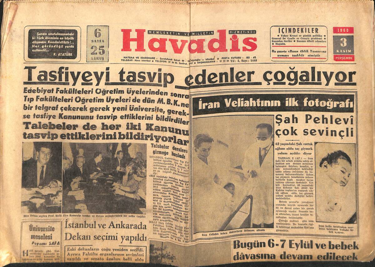 Havadis Gazetesi 3 Kasım 1960 - İran Veliahtının İlk Fotoğrafı, Şah Pehlevi Çok Sevinçli GZ146974 - 1