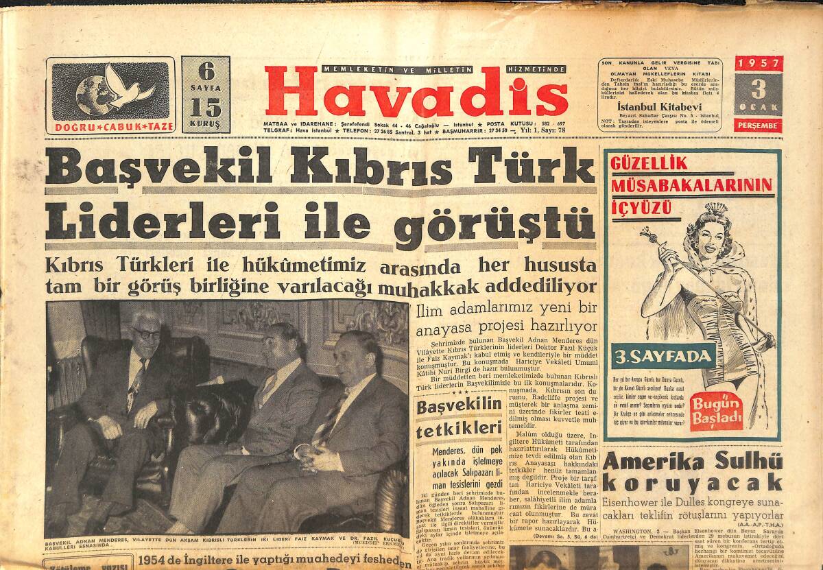 Havadis Gazetesi 3 Ocak 1957 - Fenerbahçe Bugün Ankara'da Oynuyor - Başvekil Kıbrıs Türk Liderleri İle Görüştü GZ142897 - 1