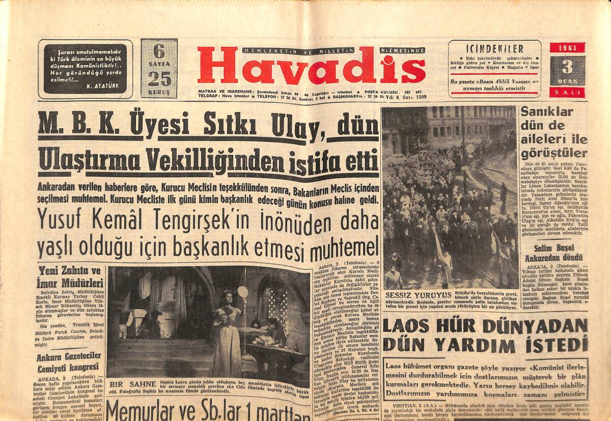 Havadis Gazetesi 3 Ocak 1961 - Laos Hür Dünyadan Dün Yardım İstedi - Fas Kralı Pakistan'ı Ziyaret Edecek GZ147107 - 1