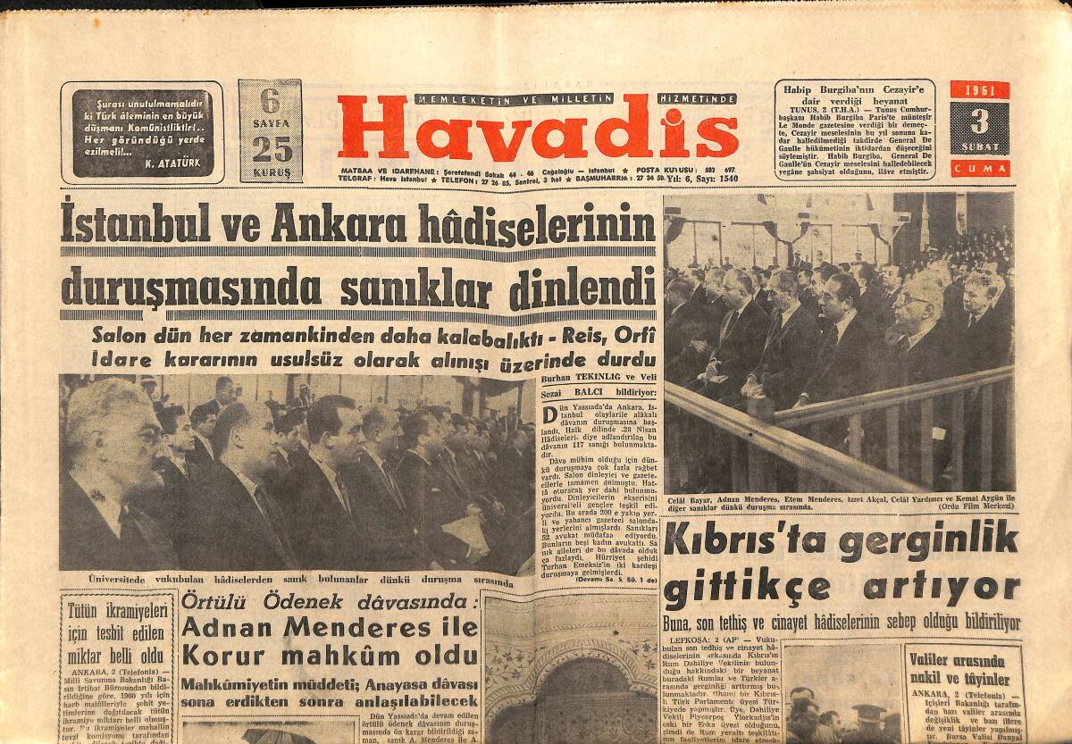 Havadis Gazetesi 3 Şubat 1961 - Kıbrıs'ta Gerginlik Gittikçe Artıyor - Santa Maria'ya Mahkemece El Kondu GZ149092 - 1