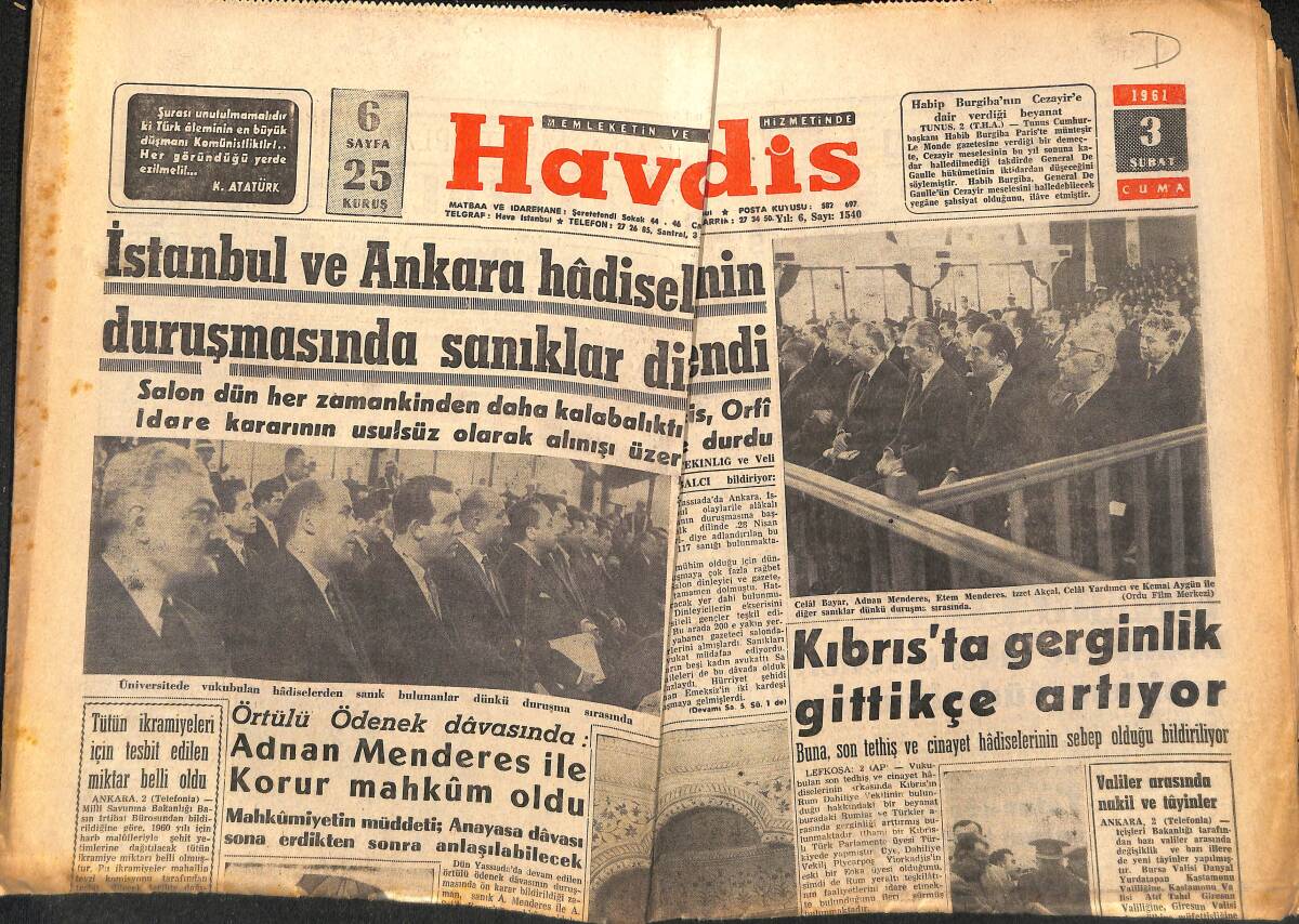 Havadis Gazetesi 3 Şubat 1961 - Santa Maria'ya Mahkemece El Konuldu - Kıbrıs'ta Gerginlik Gittikçe Artıyor GZ147104 - 1