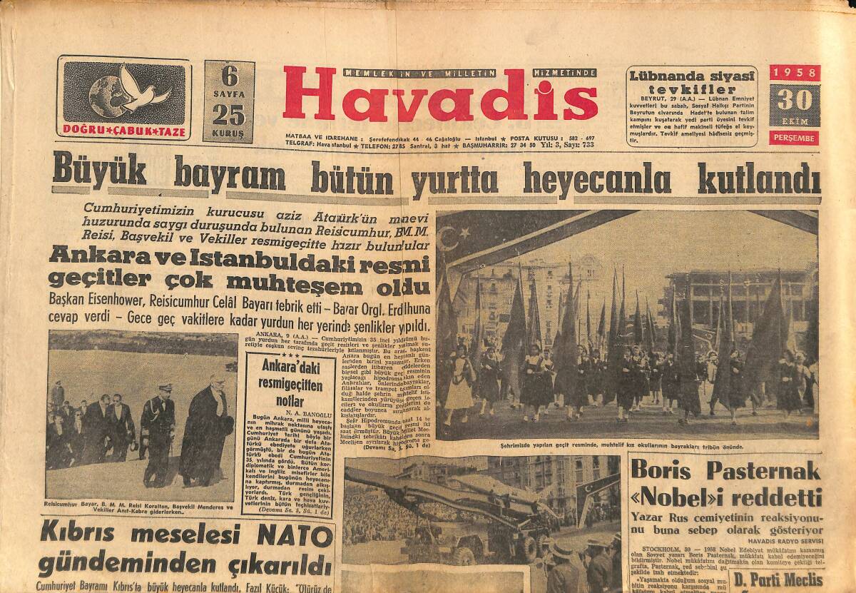 Havadis Gazetesi 30 Ekim 1958 - Kıbrıs Meselesi NATO Gündeminden Çıkarıldı - Zeytin İstihsali Rekor Seviyede GZ149088 - 1