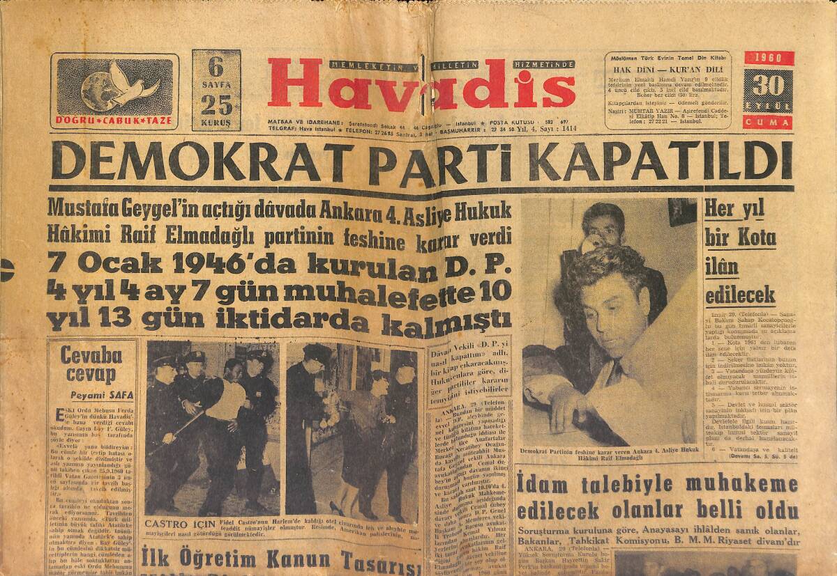 Havadis Gazetesi 30 Eylül 1960 - Demokrat Parti Kapatıldı - Denizcilik Bankasında Tensikat Yapılmıyor GZ154041 - 1