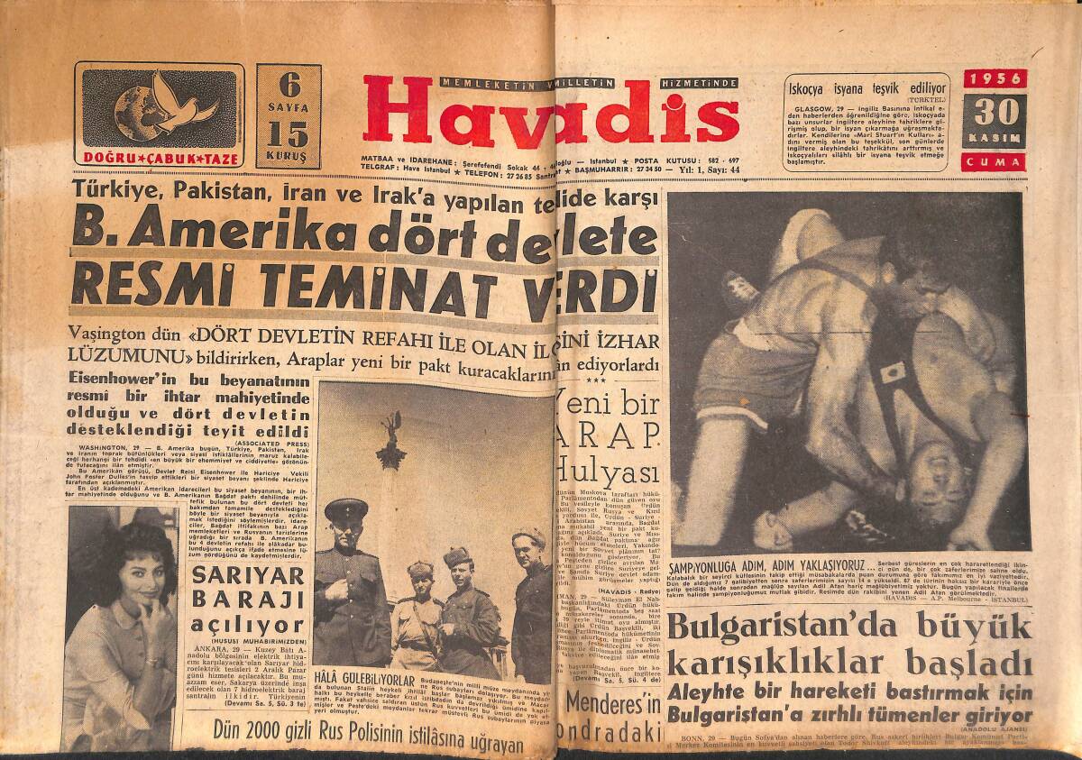 Havadis Gazetesi 30 Kasım 1956 - Gina Lollobrigida Yardıma Geç Kalmış - Menderes'in Londra'daki Temasları GZ147227 - 1