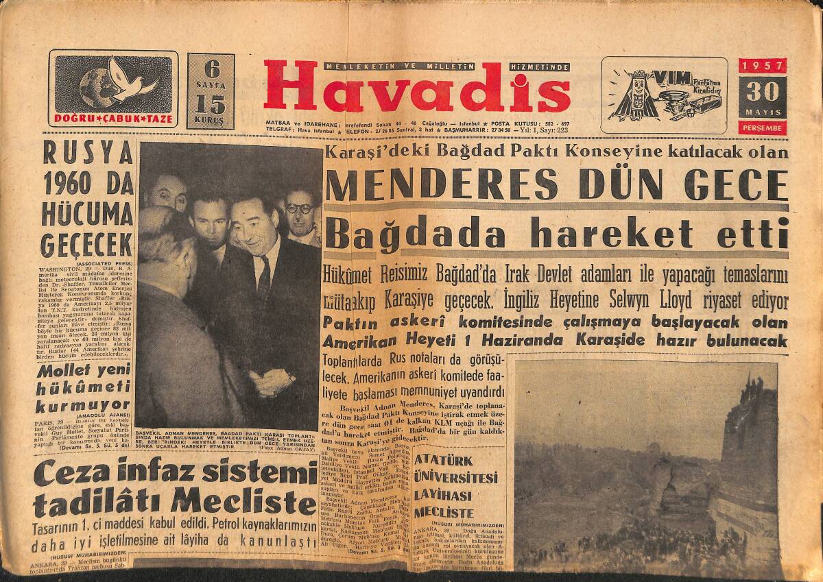 Havadis Gazetesi 30 Mayıs 1957 - Rusya 1960'da Hücuma Geçecek - İstanbul'un Fethini Heyecanla Andık GZ149115 - 1