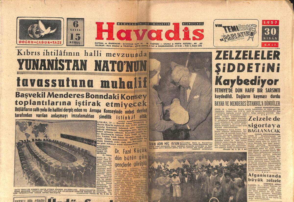 Havadis Gazetesi 30 Nisan 1957 - Lig Finali, Galatasaray Fenerbahçe Karşılaşıyor - Yunanistan NATO'nun Tavassuta Muhalif GZ149018 - 1