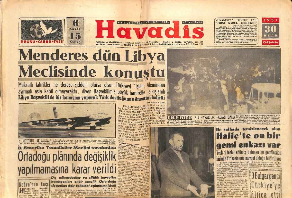 Havadis Gazetesi 30 Ocak 1957 - İzmit Körfezinde 8 Kişi Boğuldu - Menderes Dün Libya Meclisinde Konuştu GZ142863 - 1