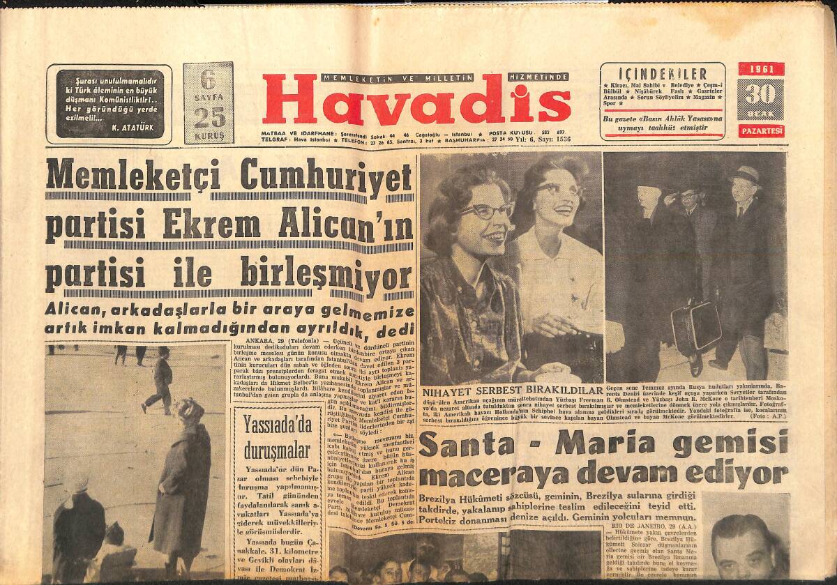 Havadis Gazetesi 30 Ocak 1961 - Charli Chaplin'in Kızı Geraldine Beğeniliyor - Onasis İle Callas Birlikte Görülüyor GZ147178 - 1