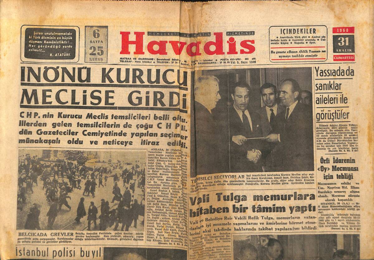 Havadis Gazetesi 31 Aralık 1960 - İstanbul Üniversitesi Sağlık Merkezi Çalışmaları - Yassıada'da Sanıklar Aileleri İle Görüştüler GZ148629 - 1