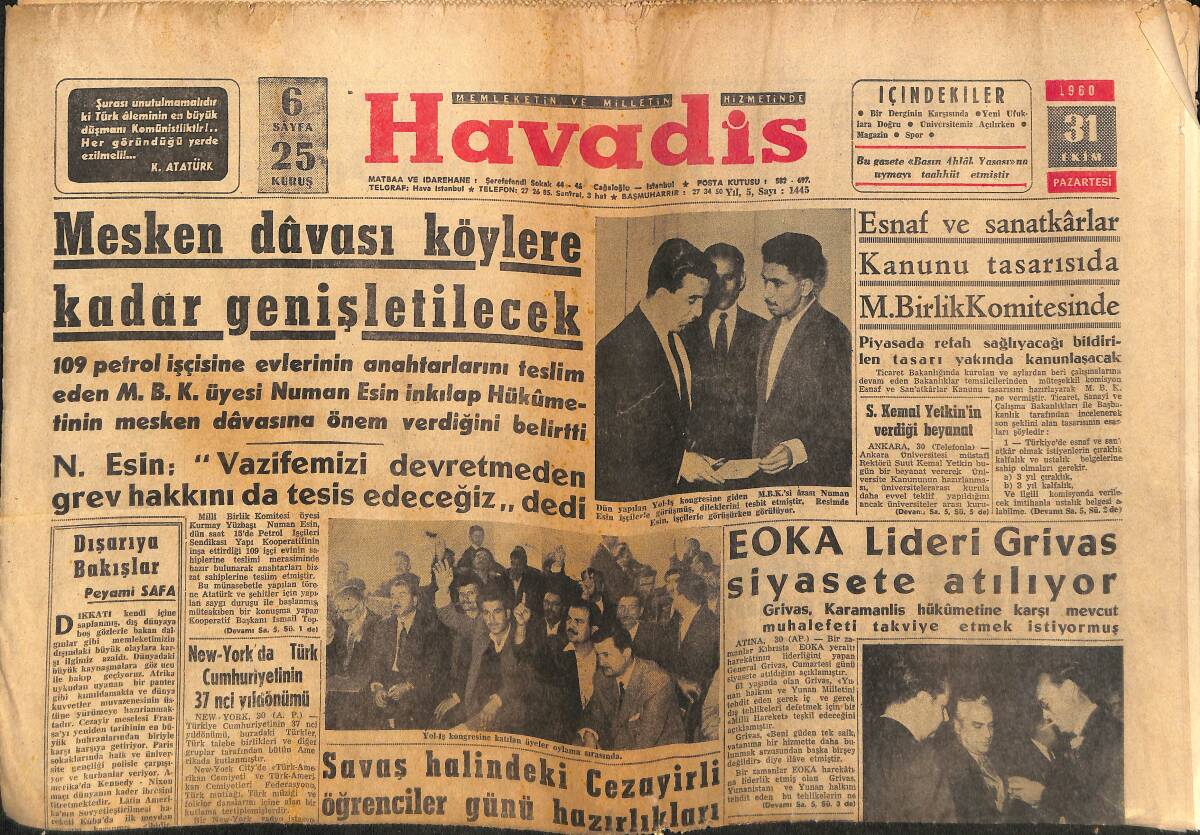 Havadis Gazetesi 31 Ekim 1960 - Kennedy Konuşuyor - Dominguin Karısına Söz Verdi - Prens Bernhardt GZ148606 - 1