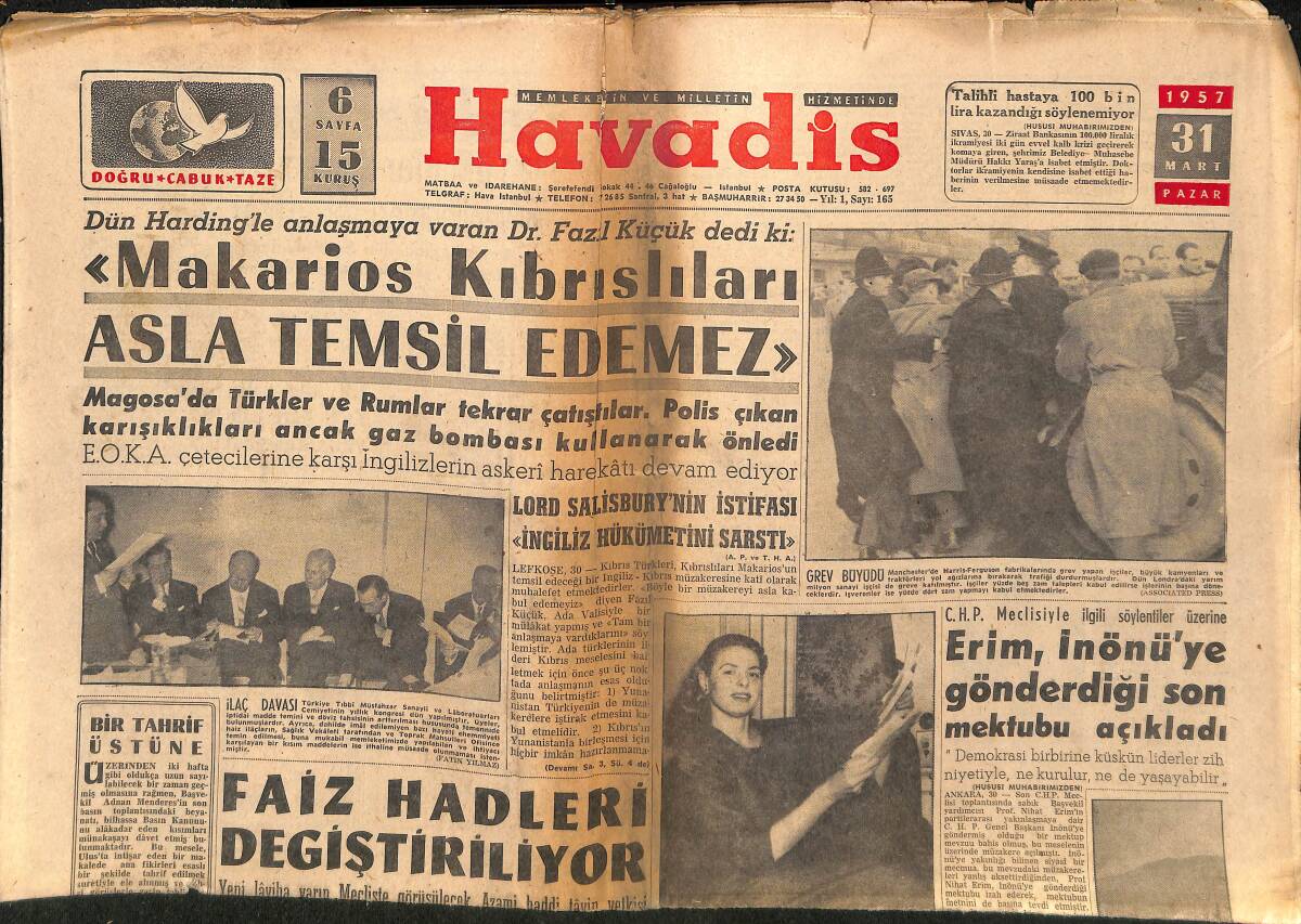 Havadis Gazetesi 31 Mart 1957 - Erim, İnönü'ye Gönderdiği Son Mektubu Açıkladı - Başvekil Menderes Eskişehir'e Gidiyor GZ149256 - 1