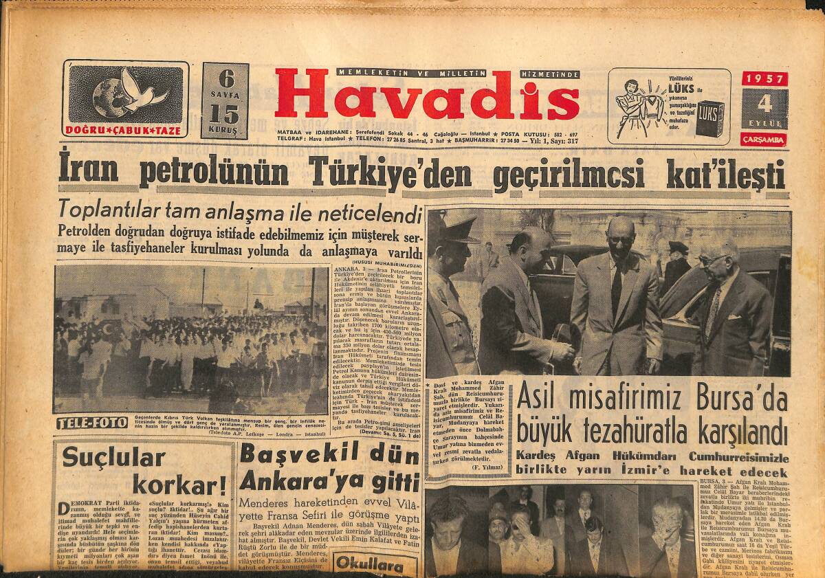 Havadis Gazetesi 4 Eylül 1957 - Metin Oktay Bugün Bekleniyor - İran Petrolünün Türkiye'den Geçirilmesi Katileşti GZ148608 - 1
