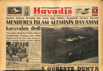Havadis Gazetesi 4 Haziran 1957 - Serbest Güreşte Dünya Şampiyonu Olduk - Menderes İslam Aleminin Davasını Koruyalım Dedi GZ122146 - 1