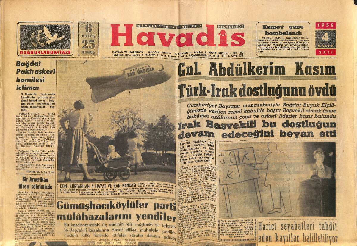 Havadis Gazetesi 4 Kasım 1958 - Gnl. Abdülkerim Kasım Türk-Irak Dostluğunu Övdü - NATO'nun Güdümlü Mermi Taburları Fazlalaştırılıyor GZ149138 - 1