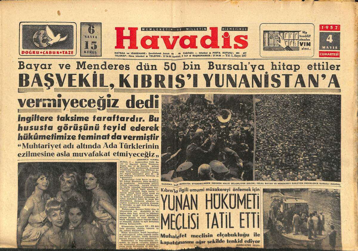 Havadis Gazetesi 4 Mayıs 1957 - Yunan Hükümeti Meclisi Tatil Etti - Suriye Notası Alâka Çekmedi GZ149160 - 1