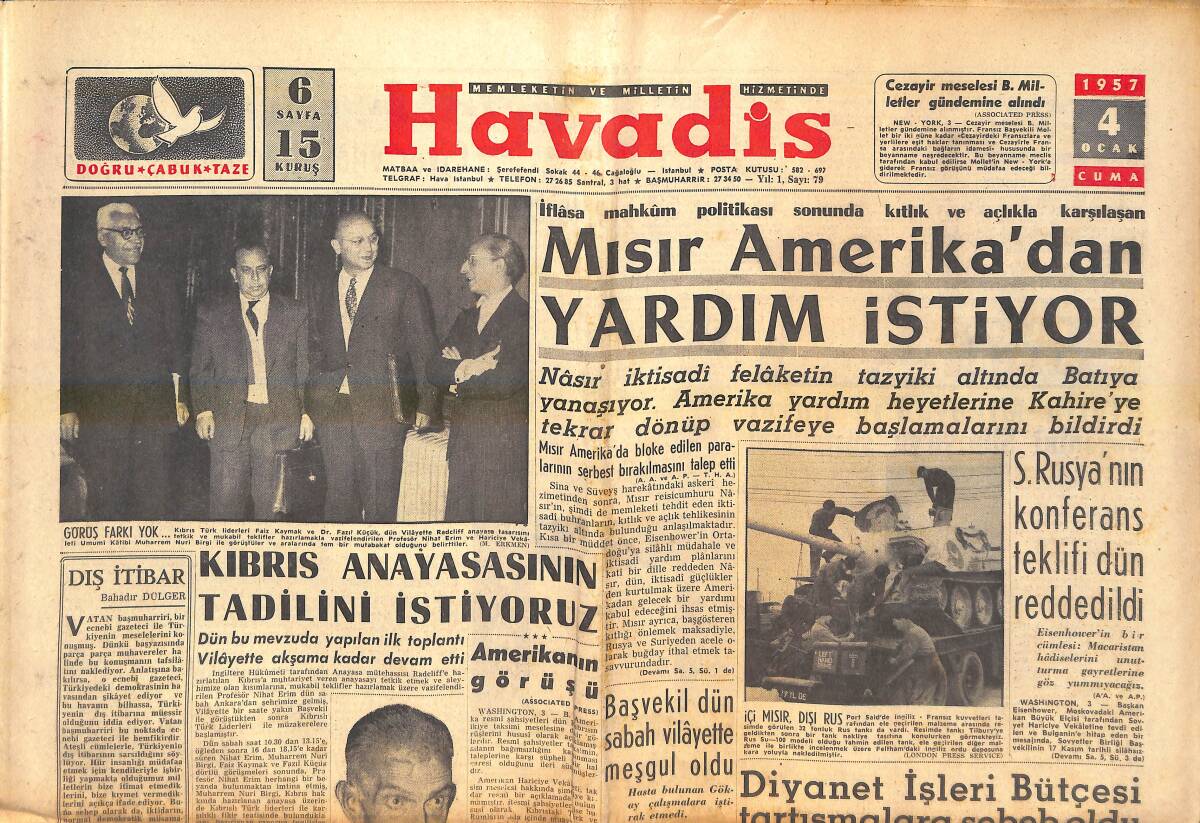Havadis Gazetesi 4 Ocak 1957 - Mısır Amerika'dan Yardım İstiyor - Akis'in Bir Davası Karara Kaldı GZ142898 - 1