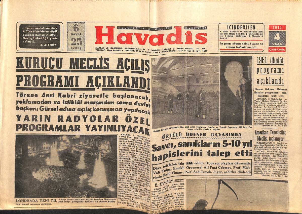 Havadis Gazetesi 4 Ocak 1961 - Belçika'da Sosyalistler Kanlı Nümayişler Yapıyorlar - Kurucu Meclis Açılış Programı Açıklandı GZ147108 - 1