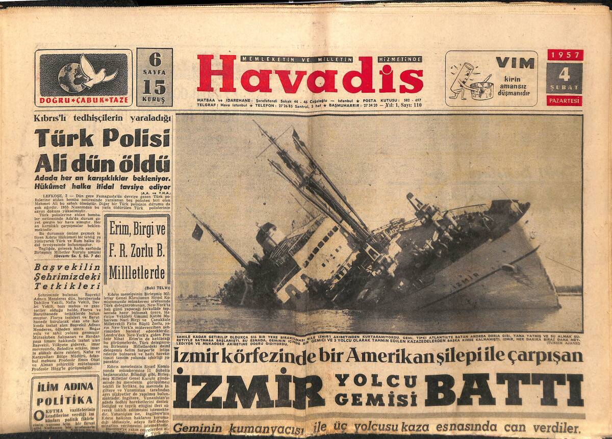 Havadis Gazetesi 4 Şubat 1957 - İzmir Körfezinde Bir Amerikan Şilepi İle Çarpışan İzmir Yolcu Gemisi Battı GZ149021 - 1