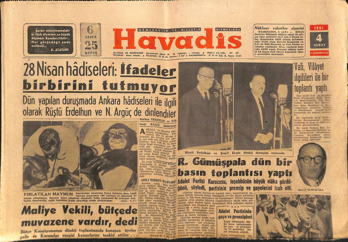 Havadis Gazetesi 4 Şubat 1961 - Santa-Maria Gemisi Dün İşgal Edildi - R. Gümüşpala Dün Bir Basın Toplantısı Yaptı GZ149093 - 1
