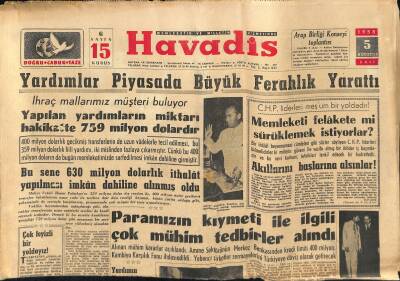 Havadis Gazetesi 5 Ağustos 1958 - Yeşilköy Cinayeti Hâlâ Aydınlanmadı - Paramızın Kıymeti İle Çok Mühim Tedbirler Alındı GZ122048 - 1