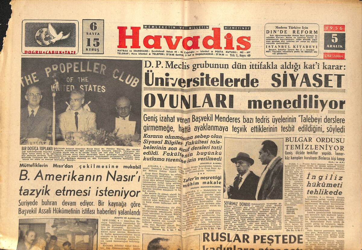 Havadis Gazetesi 5 Aralık 1956 - B. Amerika'nın Nasır'ı Tazyik Etmesi İsteniyor - İngiliz Devleti Tehlikede GZ148988 - 1