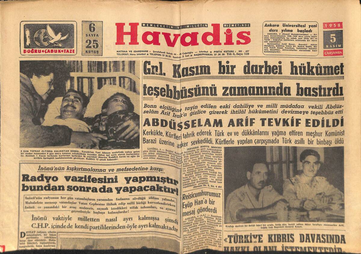 Havadis Gazetesi 5 Kasım 1958 - Amerika'da Seçimleri Demokrat Parti Kazandı - Milli Maçın İçerde Ve Dışarda Akisleri GZ149139 - 1