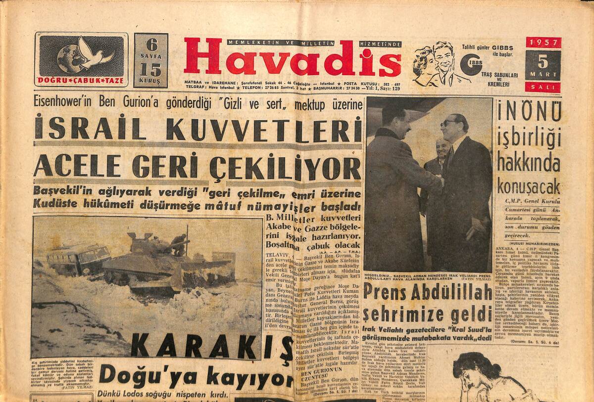 Havadis Gazetesi 5 Mart 1957 - Prens Abdülillah Şehrimize Geldi - Eisenhower Planını Bugün Ayan Meclisi Görüşecek GZ149175 - 1