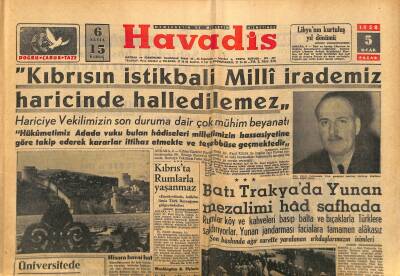 Havadis Gazetesi 5 Ocak 1958 - Batı Trakyada Yunan Mezalimi Had Safhada - Tedavüldeki Para 35 Milyon Eksildi GZ122001 - 1
