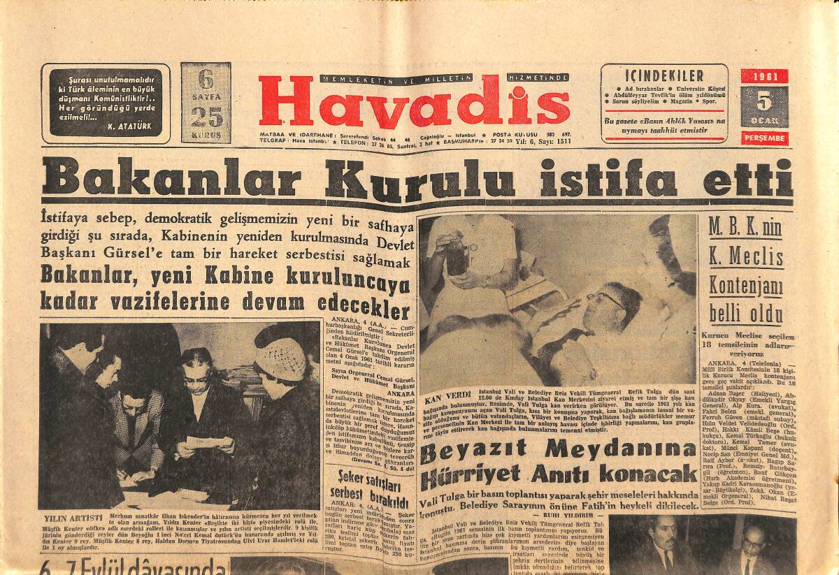 Havadis Gazetesi 5 Ocak 1961 - Bakanlar Kurulu İstifa Etti - Beyazıt Meydanına Hürriyet Anıtı Konacak GZ147109 - 1