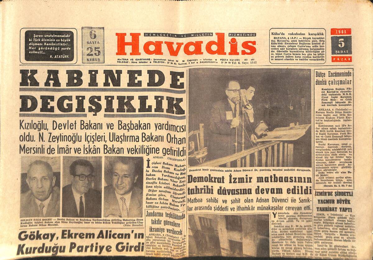 Havadis Gazetesi 5 Şubat 1961 - Yogi Tagaros Basın Toplantısı Yaptı - Bir Zenci Kennedy'e Tehdih Mektubu Yazdı GZ149074 - 1