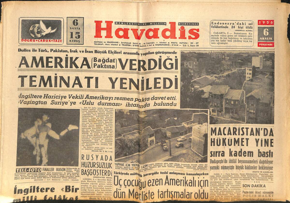 Havadis Gazetesi 6 Aralık 1956 - Türkiye'de Strip-Tease Alemdarlarından Özcan Tekgül - Boğazdan Bir Haftada On Dört Rus Şilebi Geçti GZ148989 - 1