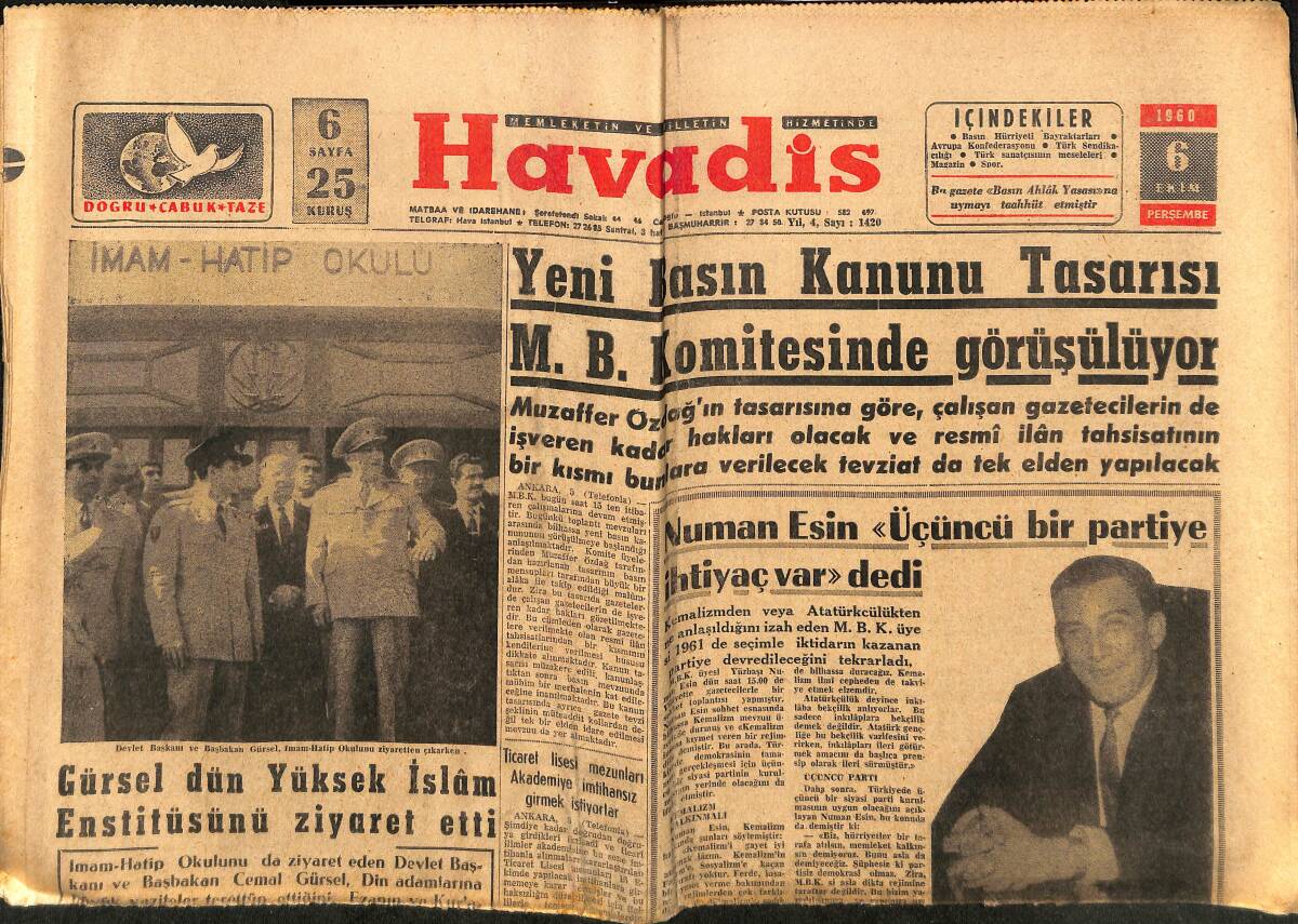 Havadis Gazetesi 6 Ekim 1960 - Fenerbahçe Ve Galatasaray Dün Gece Berabere Kaldılar - Yassıada'da Duruşmalar 14-17 Ekimde Başlayacak GZ148636 - 1