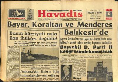 Havadis Gazetesi 6 Eylül 1958 - Boğazköprüsü İçin Rus Teklifi - Ankarada Kıbrıs İçin Temaslar Devam Ediyor GZ121247 - 1