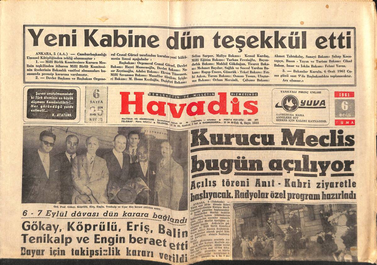 Havadis Gazetesi 6 Ocak 1961 - Kurucu Meclis Bugün Açılıyor - Brüksel'de Dün Polis İle Nümayişçiler Çarpıştı GZ147110 - 1