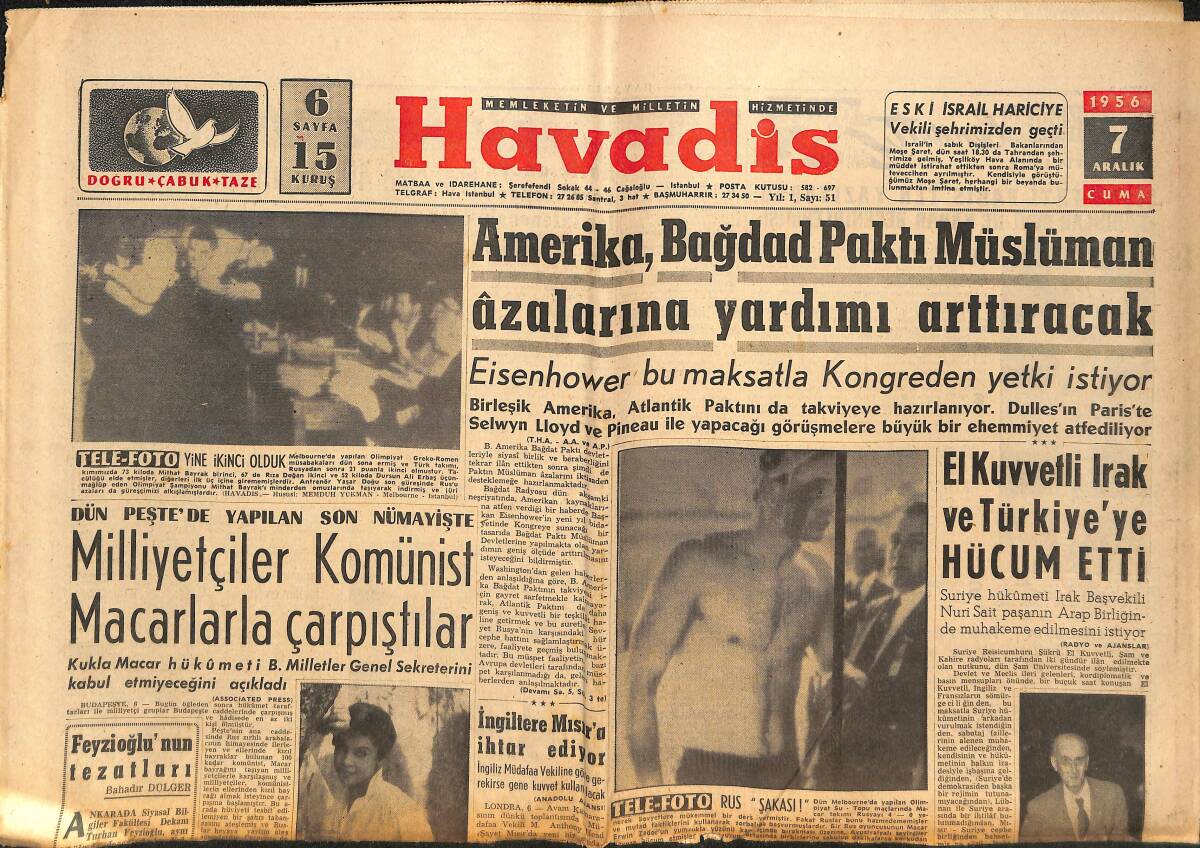 Havadis Gazetesi 7 Aralık 1956 - Hollywood Kendisine Yeni Yıldız Namzetleri Arıyor - Amerika, Bağdat Paktı Müslümanların Azalarına Yardımı Artıracak GZ148990 - 1