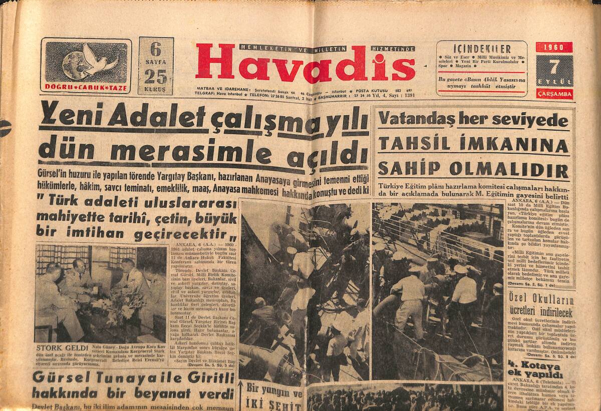 Havadis Gazetesi 7 Eylül 1960 - D.P. Genel Merkezinin Malları Tesbit Edildi - Galatasaray Bu Sabah Uçakla Ankara'ya Gidiyor GZ147065 - 1