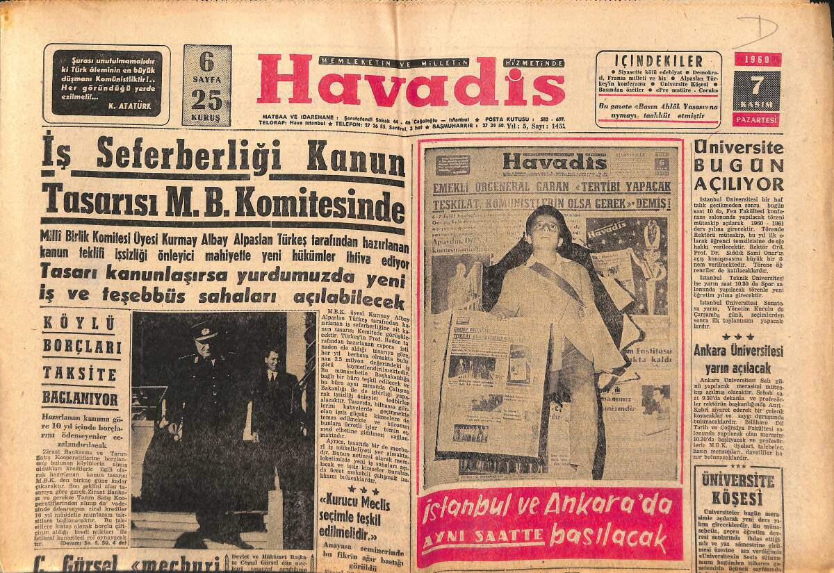 Havadis Gazetesi 7 Kasım 1960 - İran Şahı Oğlunu Prens İlân Etti - Ankara Üniversitesi Yarın Açılacak GZ147098 - 1