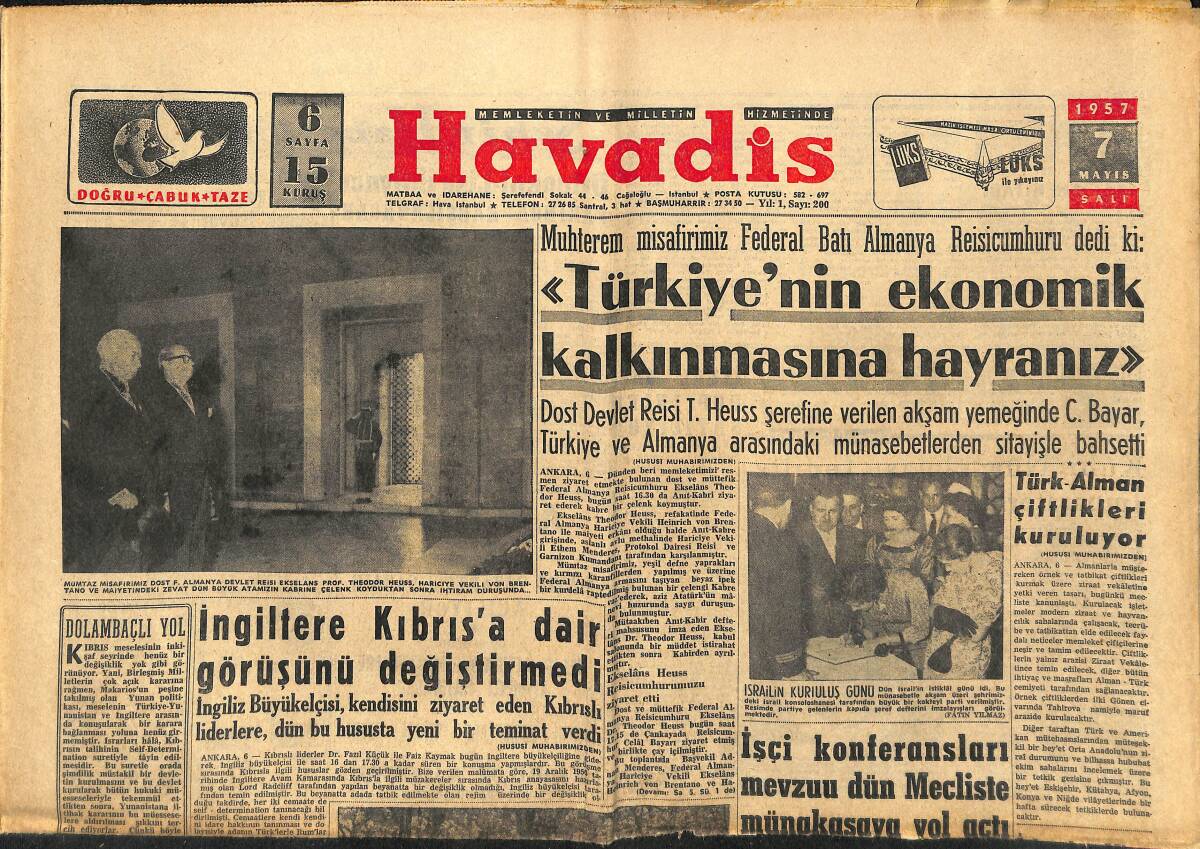Havadis Gazetesi 7 Mayıs 1957 - İngiltere Kıbrıs'a Dair Görüşünü Değiştirmedi - Bursa'nın İmarına Başlanıyor GZ149162 - 1