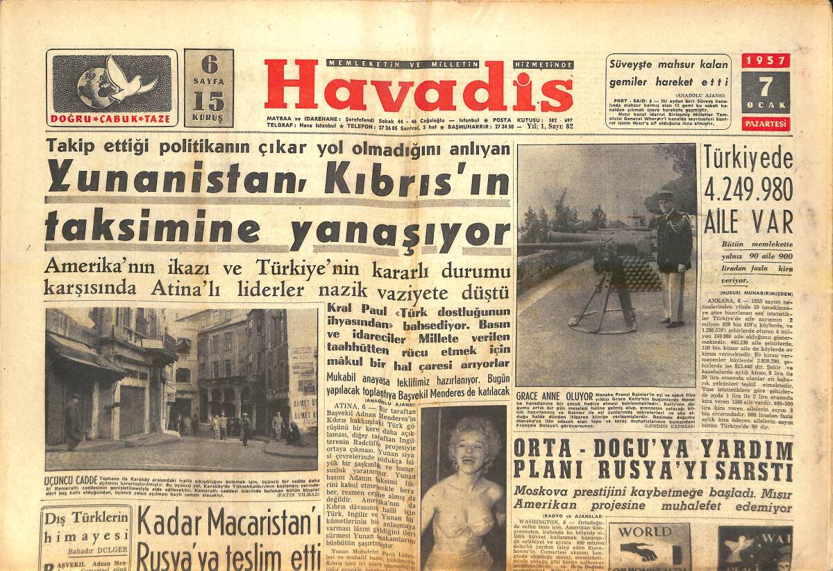 Havadis Gazetesi 7 Ocak 1957 - Yunanistan , Kıbrıs'ın Taksimine Yanaşıyor - Ürdün Elçimiz Yurda Döndü GZ142901 - 1