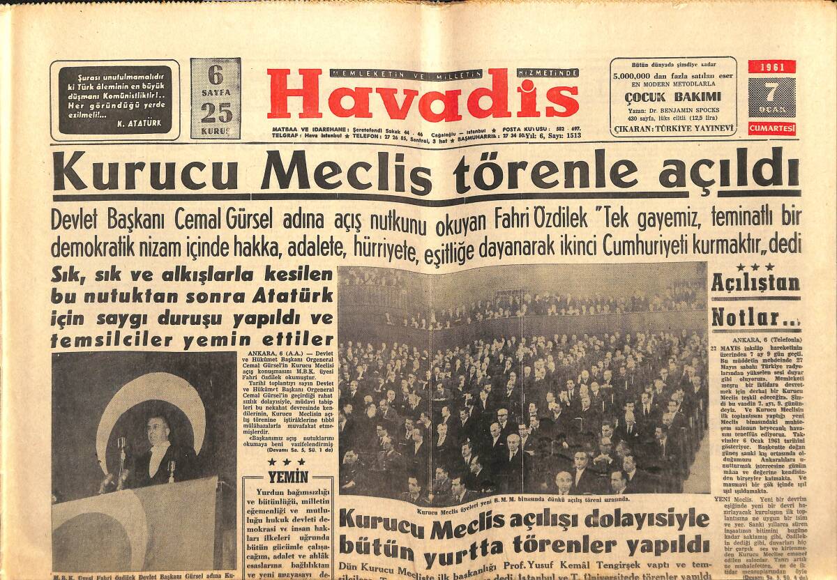 Havadis Gazetesi 7 Ocak 1961 - Eskişehir'de Ataya Yapılan Tecavüz Protesto Ediliyor - Kurucu Meclis Törenle Açıldı GZ147111 - 1