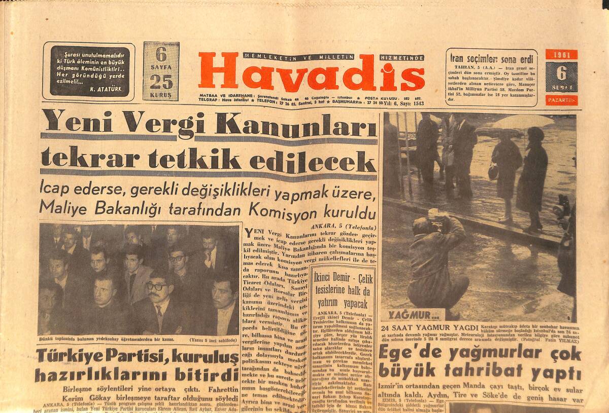 Havadis Gazetesi 7 Şubat 1961 - İzmir'de ,Dün Üçyüz Üniversite Talebesi Dersleri Boykot Etti - Amerika'da Bir Fırtına Yüzünden 100 Kişi Öldü GZ149076 - 1